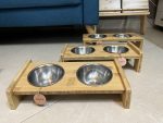 Khay đựng thức ăn nước uống cho mèo bằng tre và inox cao cấp