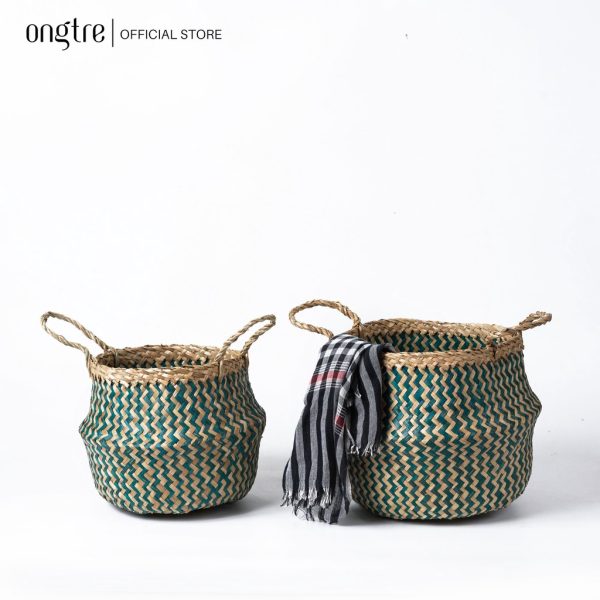Giỏ Cói Chậu Trồng Cây Trang Trí Họa Tiết Sọc Kẻ Xanh Đường Kính 25-27 cm - ONGTRE - Ảnh 2