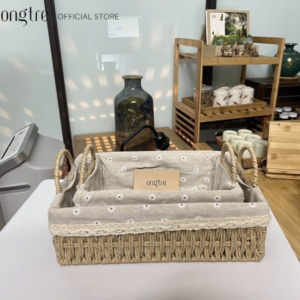 Giỏ mây lót vải có lót đựng đồ dùng nhỏ, giỏ picnic, decor phòng khách(Rổ cói có quai lót vải) - ONGTRE - Ảnh 3