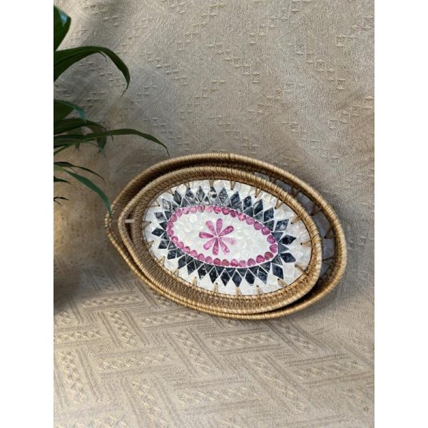 Khay mây khảm trai bầu dục có tay cầm ONGTRE đựng đồ đa năng, cao cấp, decor - OTB3 - Ảnh 3
