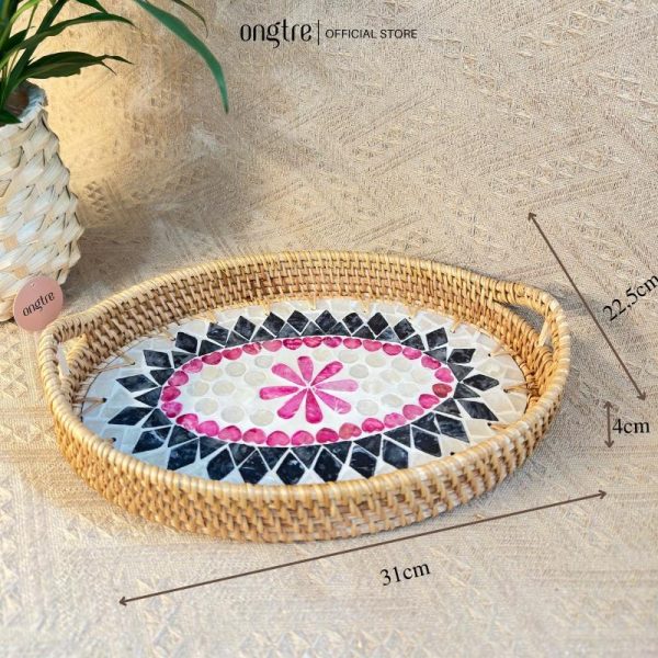 Khay mây khảm trai bầu dục có tay cầm ONGTRE đựng đồ đa năng, cao cấp, decor - OTB3 - Ảnh 5