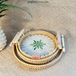 Khay mây tròn khảm trai có tay cầm ONGTRE đựng đồ, trang trí tiệc, decor chụp ảnh sản phẩm