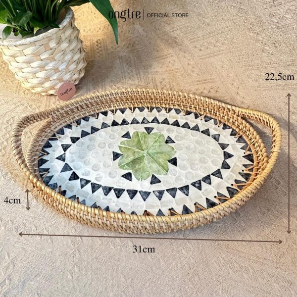 Khay mây khảm trai bầu dục có tay cầm ONGTRE đựng đồ đa năng, cao cấp, decor - OTB5 - Ảnh 5