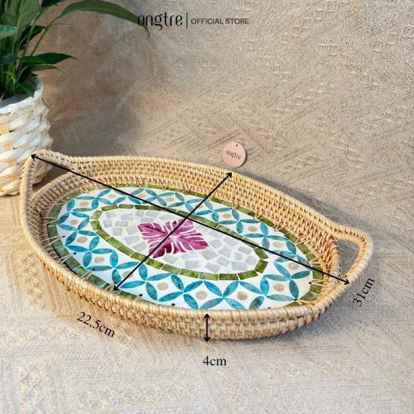 Khay mây khảm trai bầu dục có tay cầm ONGTRE đựng đồ đa năng, cao cấp, decor - OTB2 - Ảnh 5