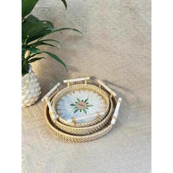Khay mây tròn khảm trai có tay cầm ONGTRE đựng đồ, trang trí tiệc, decor chụp ảnh sản phẩm - Ảnh 3