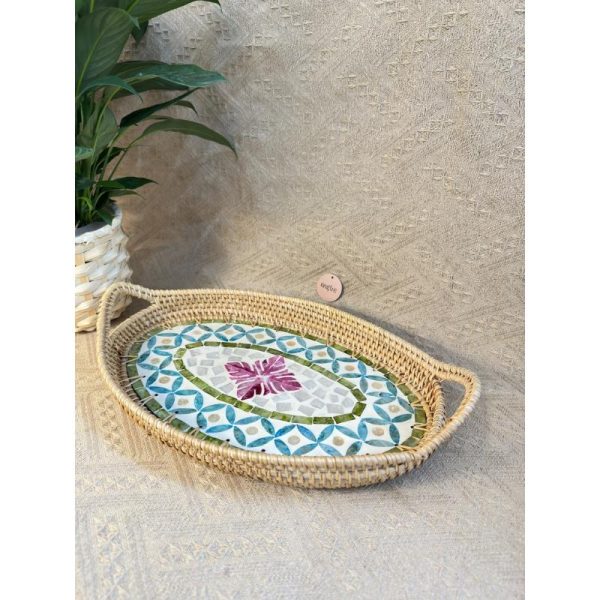 Khay mây khảm trai bầu dục có tay cầm ONGTRE đựng đồ đa năng, cao cấp, decor - OTB2 - Ảnh 4