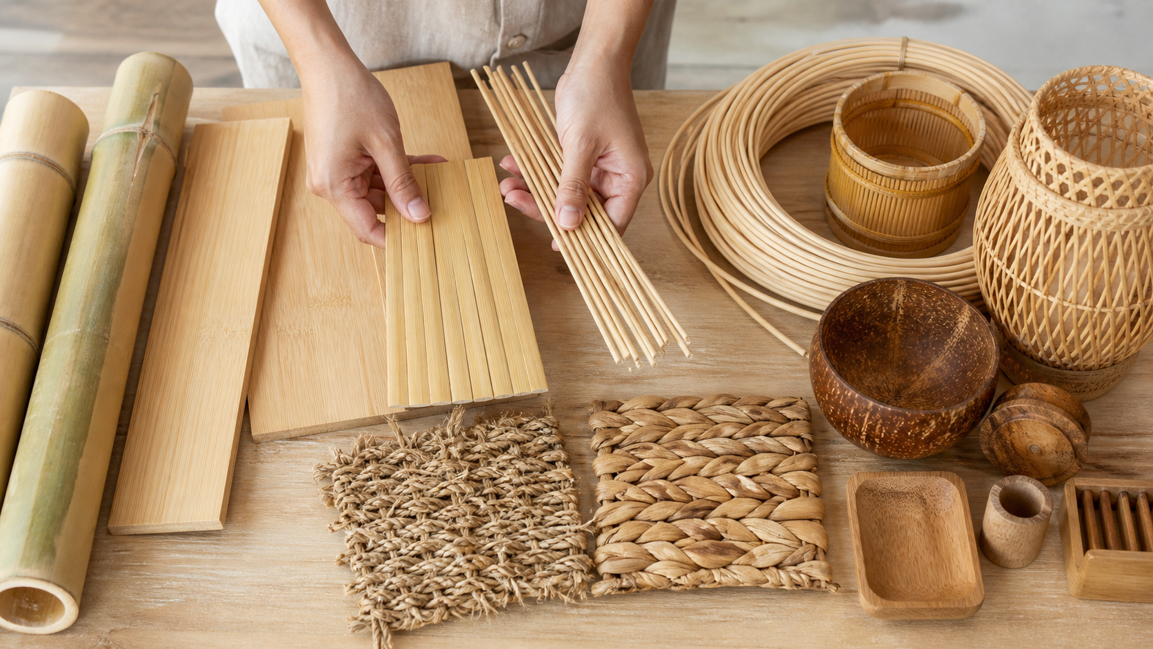 Chọn vật liệu tre, mây guột, cói và lục bình cho đơn hàng gia công