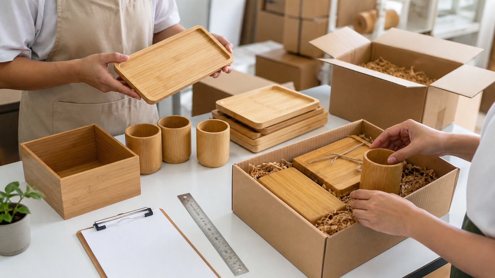 Kiểm tra chất lượng và đóng gói đơn hàng gia công sản phẩm tre trước khi giao