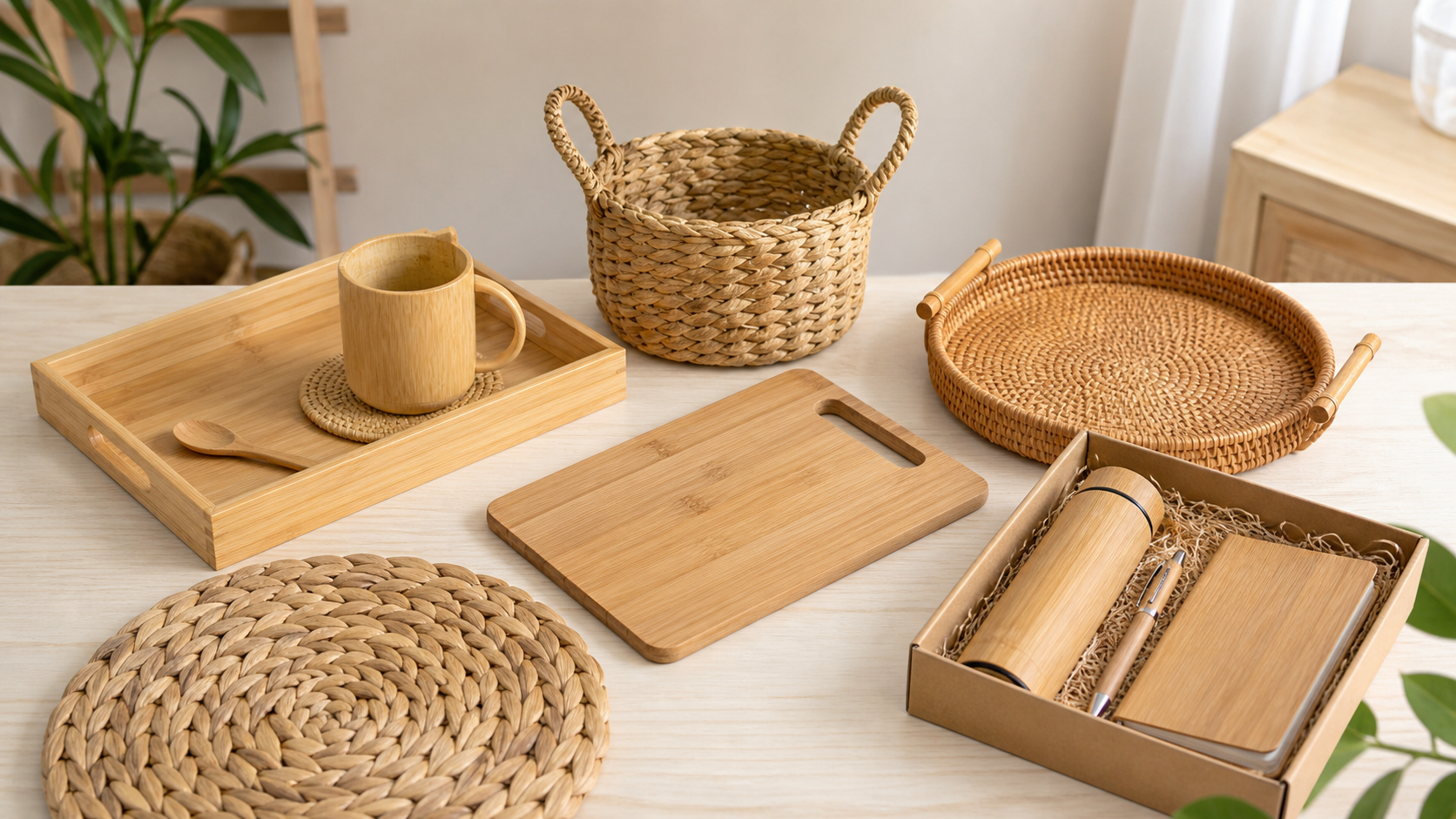 Nhóm sản phẩm ONGTRE gồm khay tre, cốc tre, thớt tre, khay mây và giỏ cói