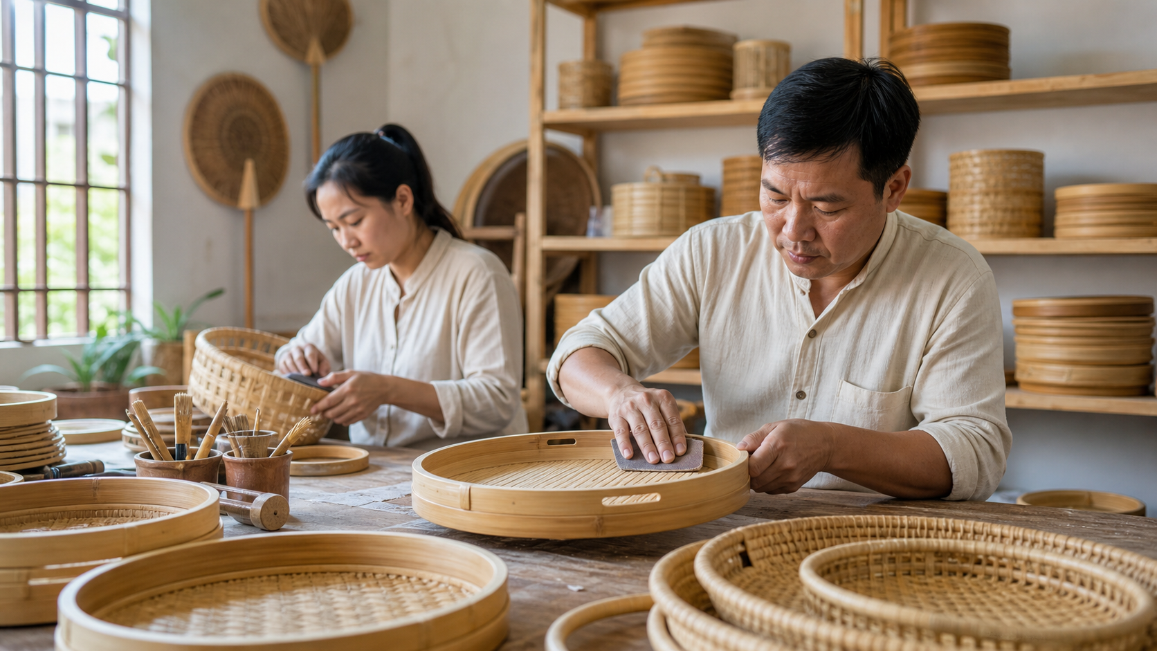 Thợ thủ công đang tạo hình và hoàn thiện khay tre, mẹt tre và sản phẩm mây đan