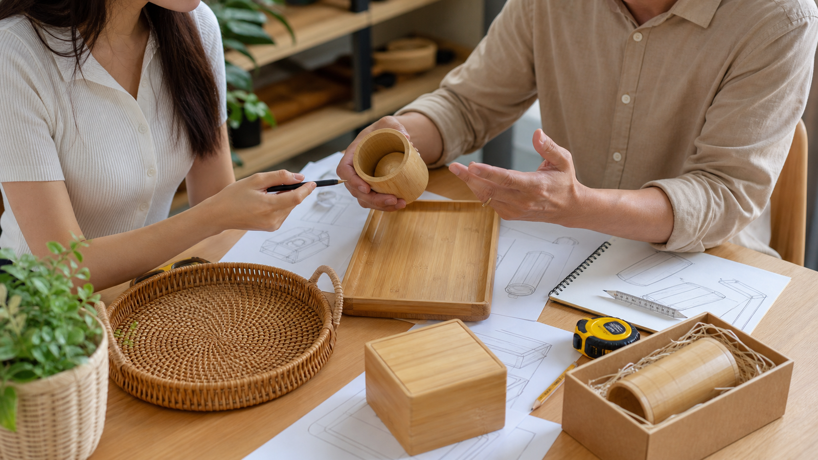 Khách hàng và xưởng ONGTRE trao đổi brief gia công sản phẩm tre theo yêu cầu
