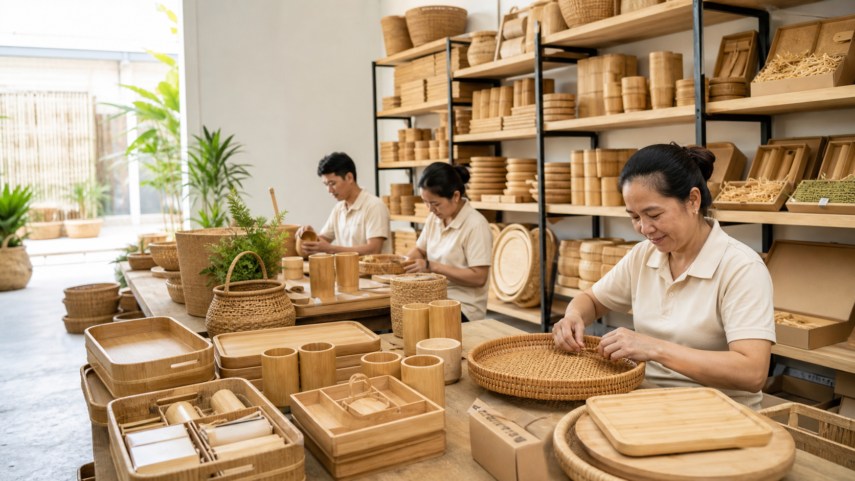 Không gian xưởng ONGTRE với sản phẩm tre, mây, cói và thợ thủ công đang hoàn thiện sản phẩm