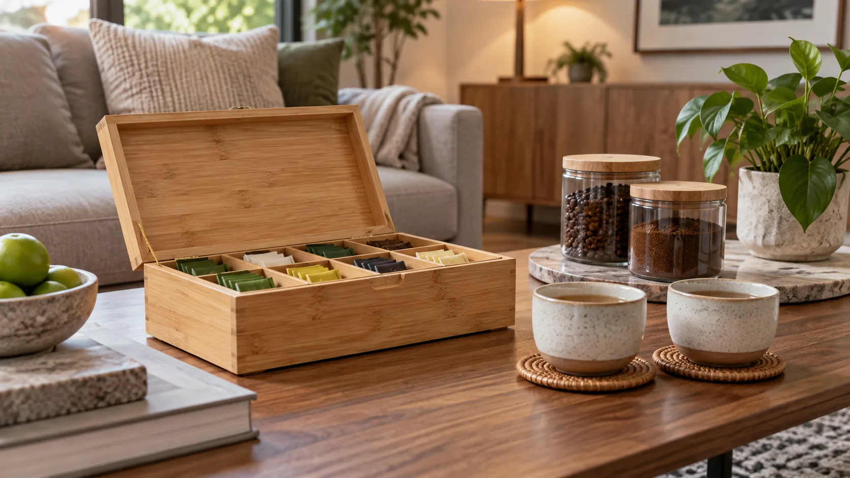 Hộp tre đựng trà và cà phê trên bàn phòng khách