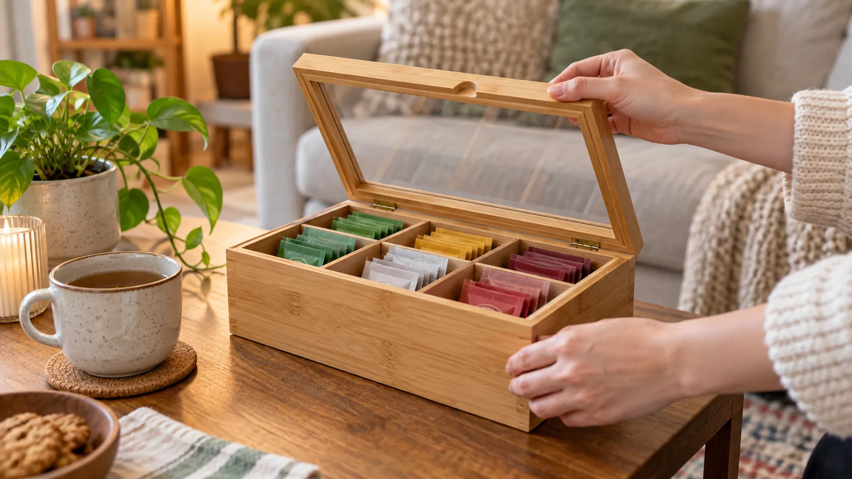 Mở hộp tre trên bàn phòng khách