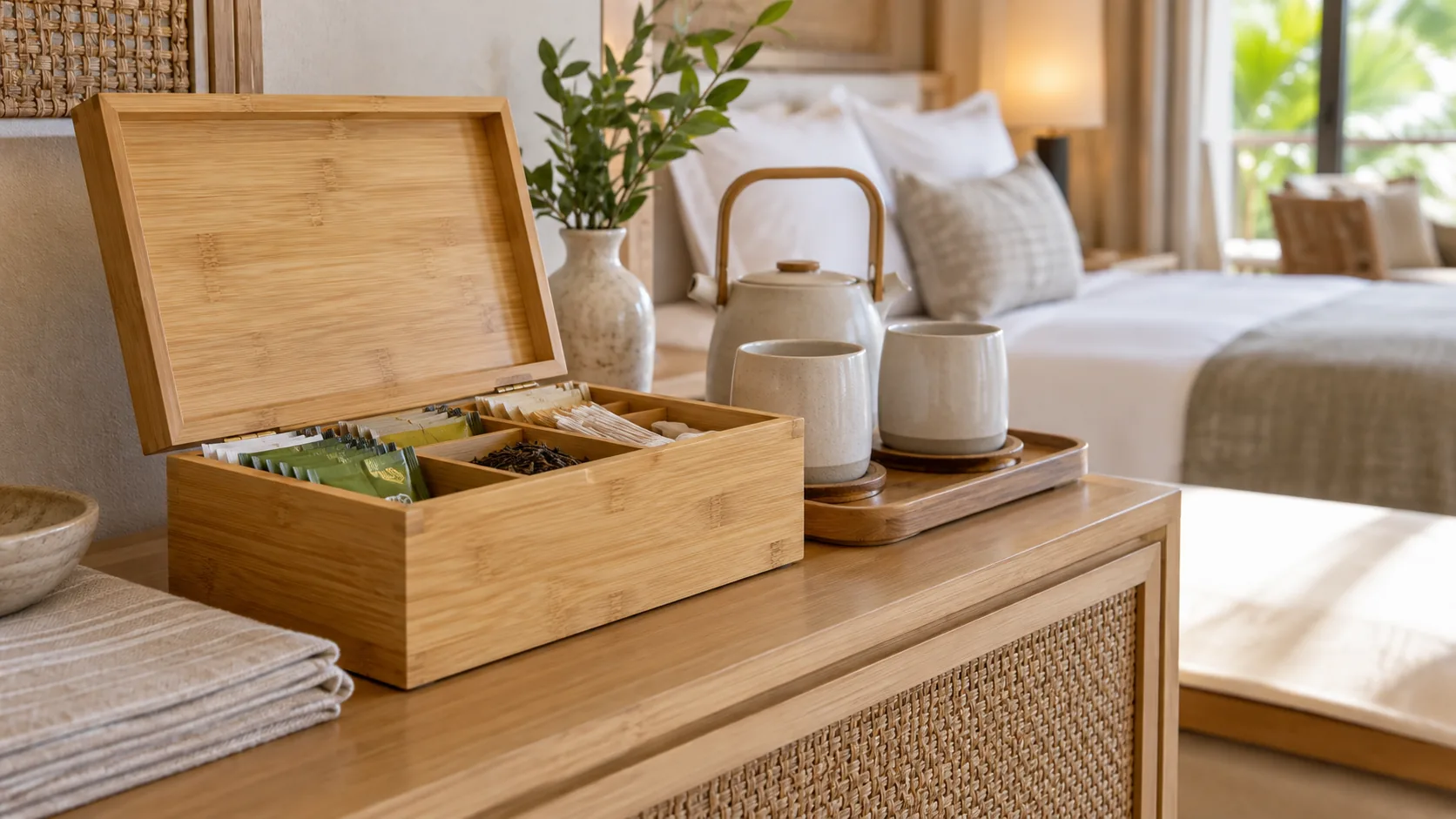 Hộp tre trong phòng khách sạn boutique