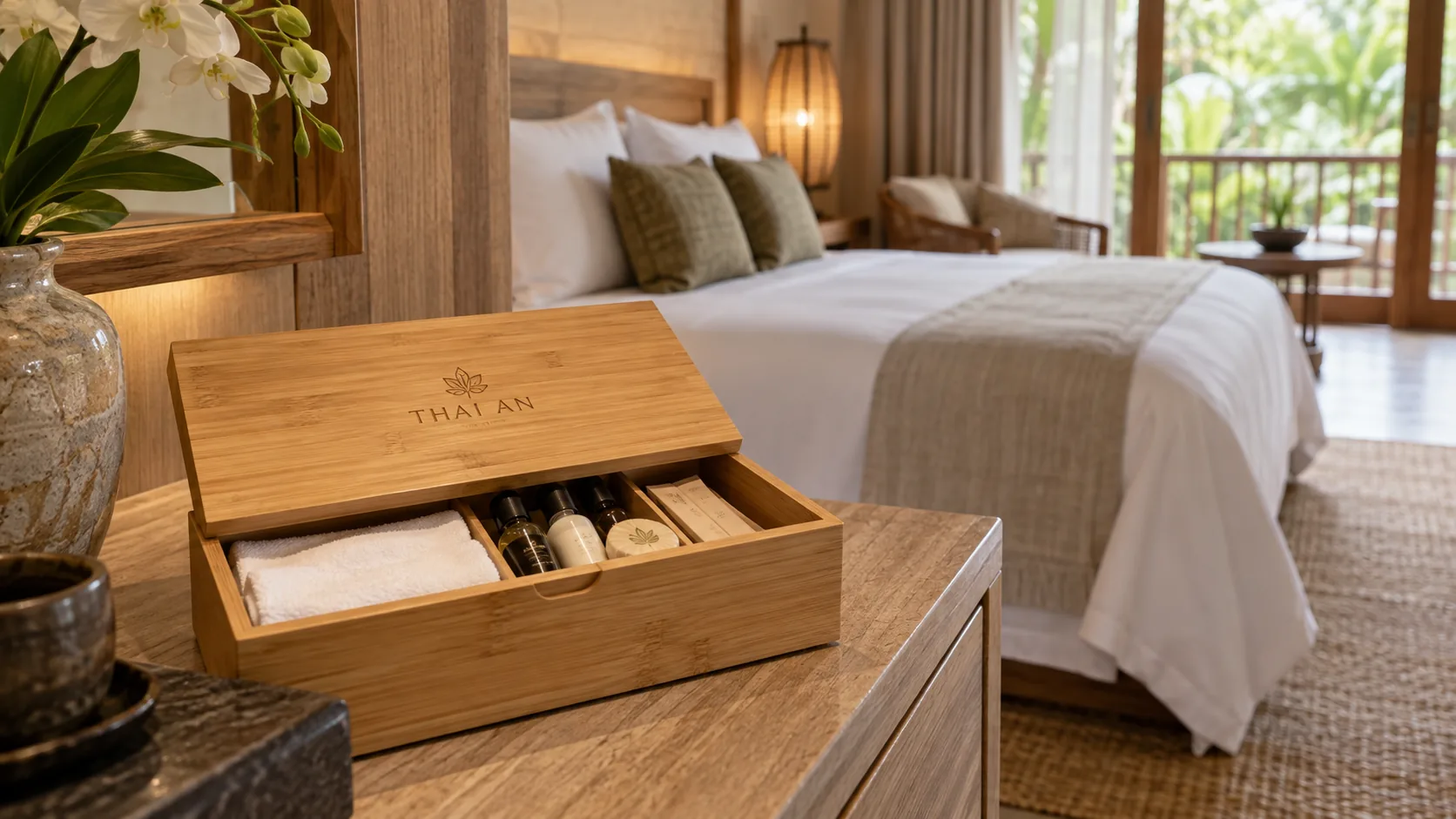 Hộp amenities tre có logo Thái An