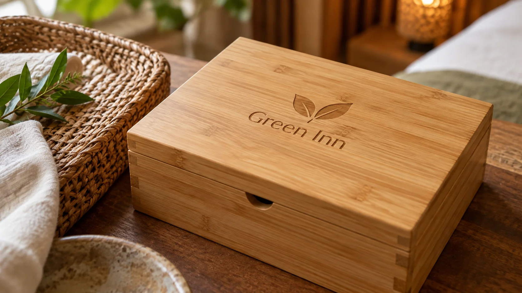 Hộp tre khắc logo Green Inn dùng làm quà tri ân
