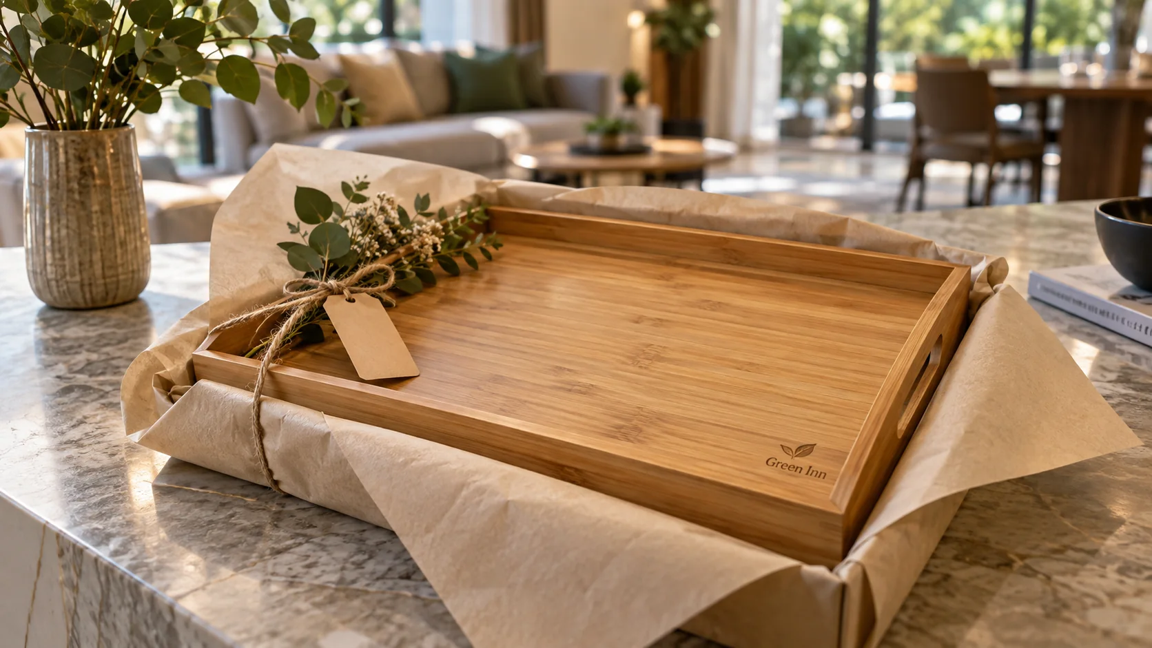 Khay tre có logo Green Inn cho khách hàng nội thất