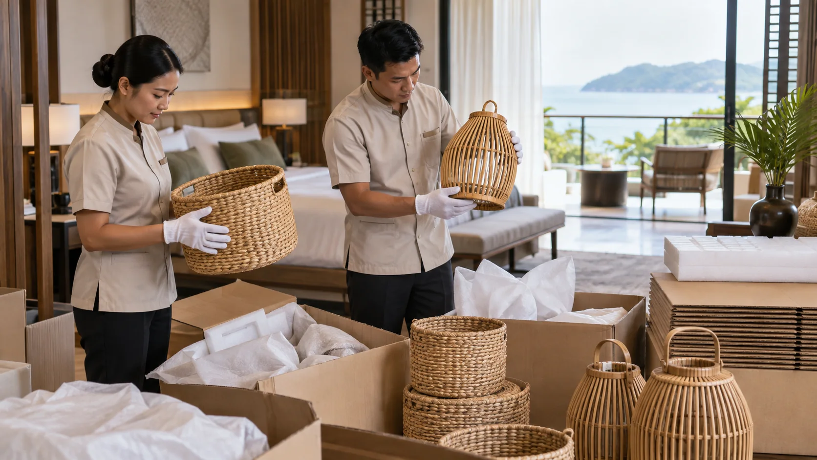 Mở kiện giỏ mây để kiểm tra tại công trình khách sạn