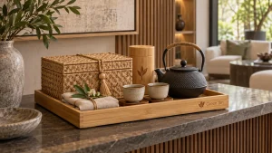 Bộ quà tri ân mây tre có logo Green Inn trong showroom nội thất